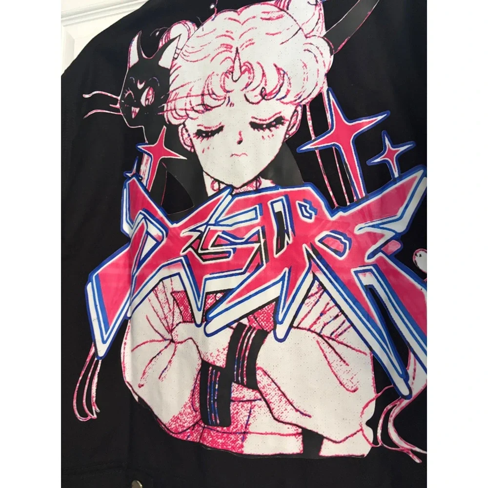 NWOT Sailor Moon Anime Graphic Black Denim Trucker Jacket Small Streetwear - Picture 2 of 9